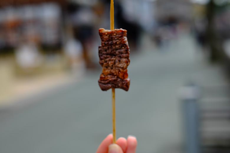 A less expensive option for sampling high quality japanese beef is grabbing a skewer from the morning market in Takayama. A less expensive option for sampling high quality japanese beef is grabbing a skewer from the morning market in Takayama.