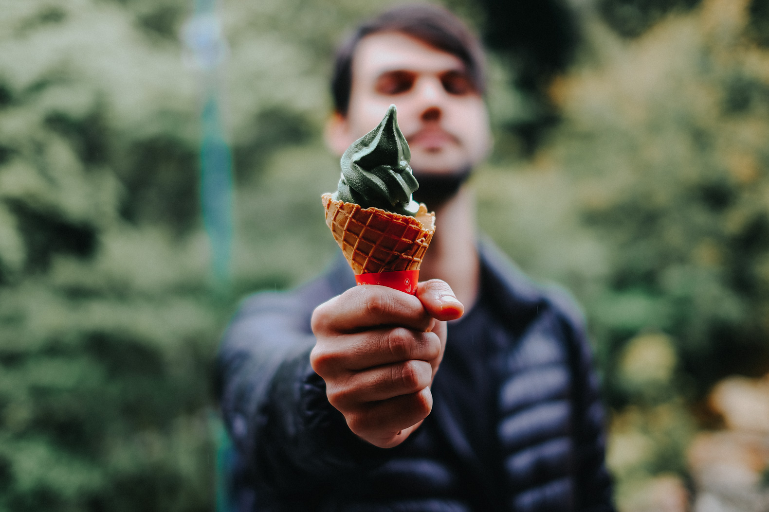 Eating matcha ice cream in Japan