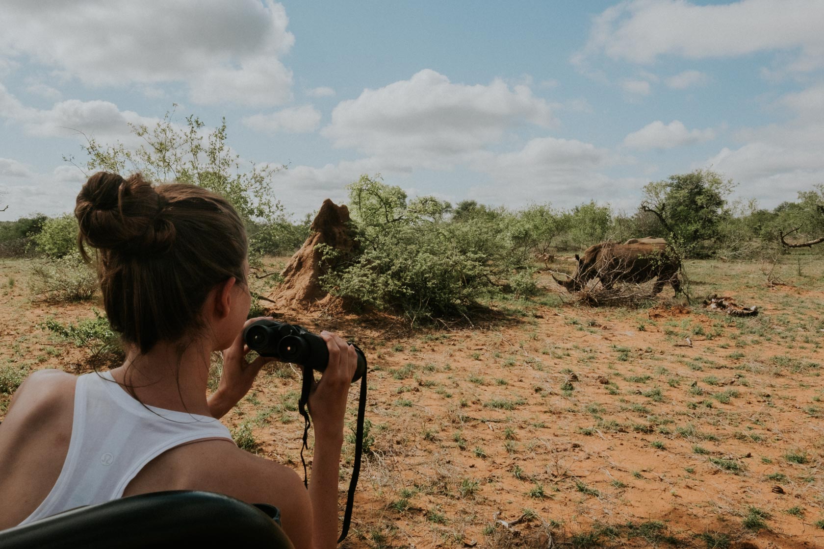 Girl looking at rhinos on safari